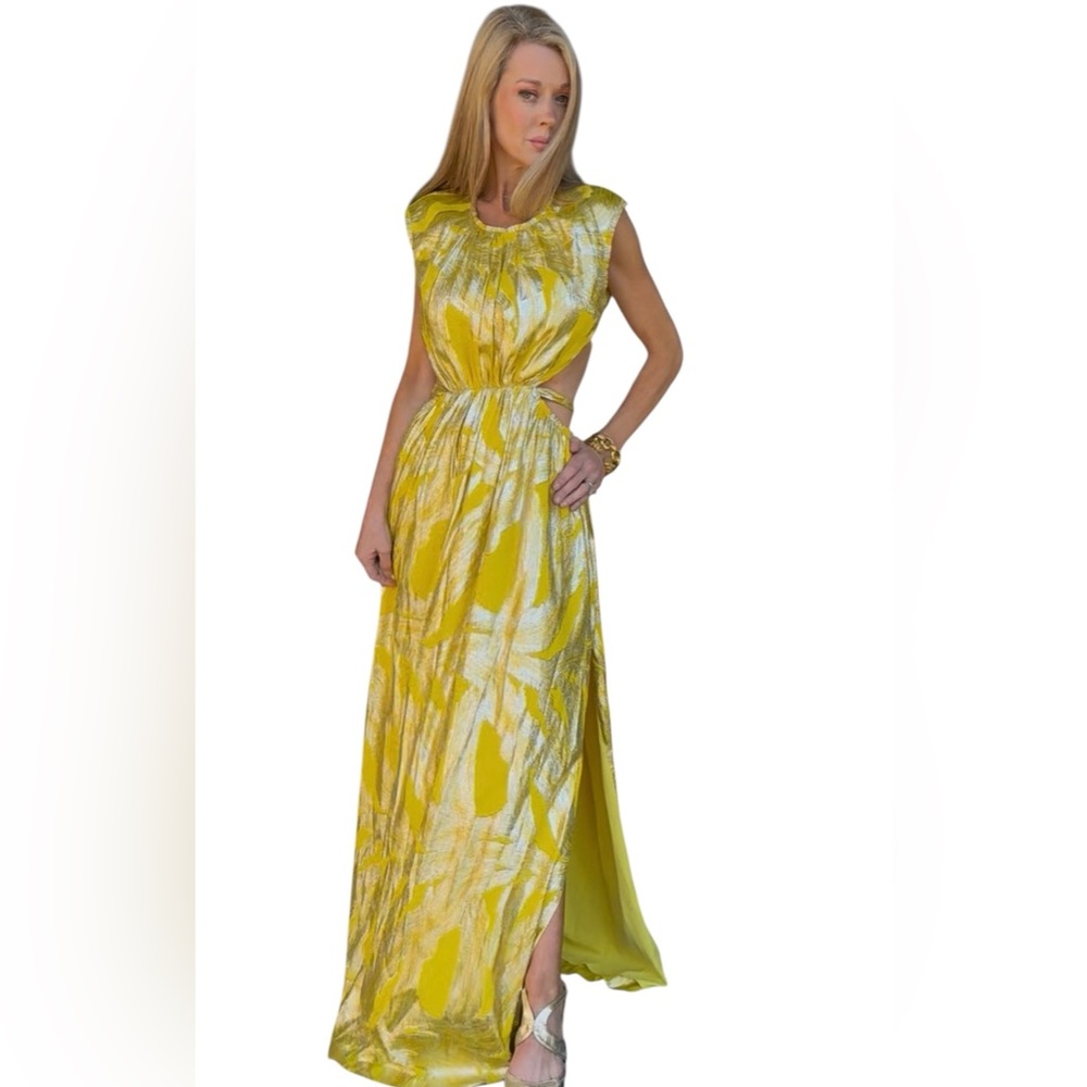 Rebecca Vallance Navarro Yellow Metallic Silk-blend Gown in Gold NWT Size 12